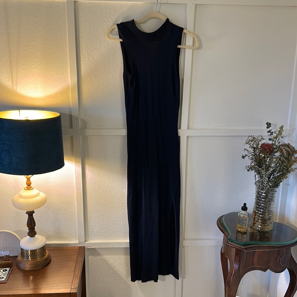 Navy knit bodycon mock neck dress